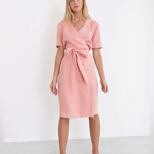Love and Confuse Women’s XS Pink Linen Wrap Dress Brigitte Minimalist Style